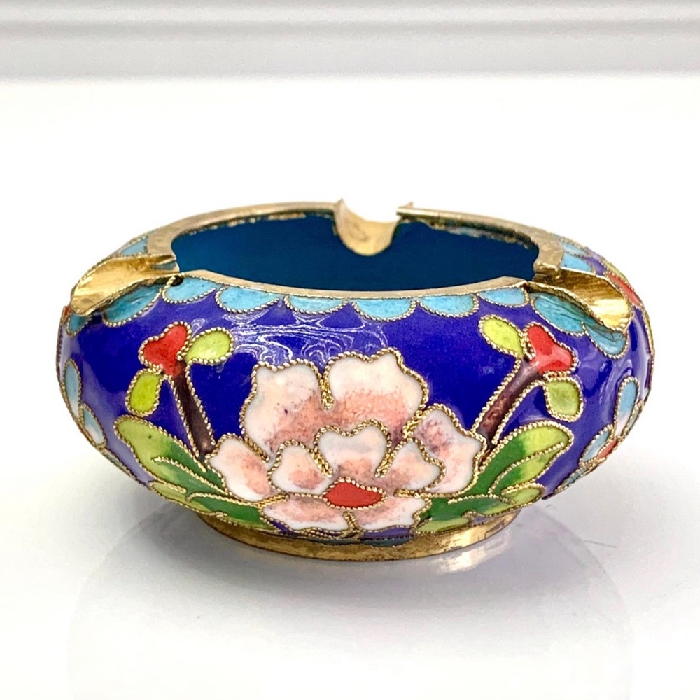 Vintage China Bronze Cloisonne Enamel Flower Dynasty Palace Regis Ashtray - Picture 4 of 12